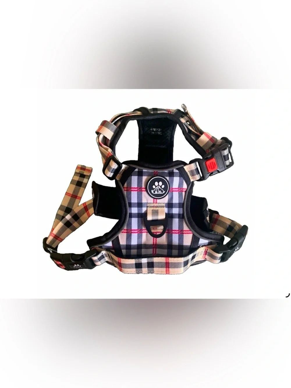Plaid Padded Dog Harness with Matching Safety Leash - Black/Beige